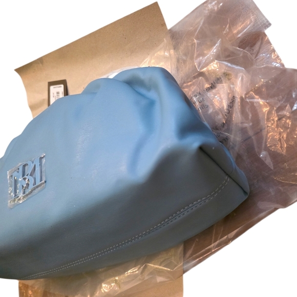 NWT Badgley Mischka Baby Blue Wrapped Frame Clutch Vegan Leather Evening Bag - Picture 7 of 11